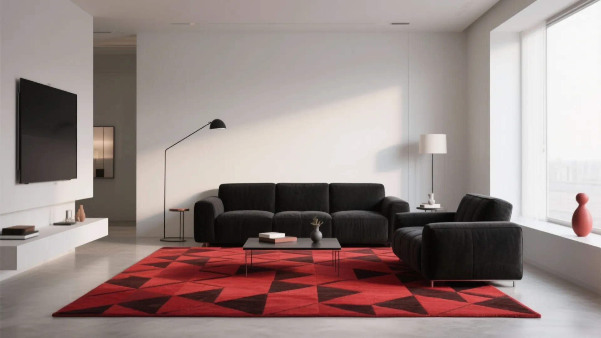 Red Geometric Rug on Black Base