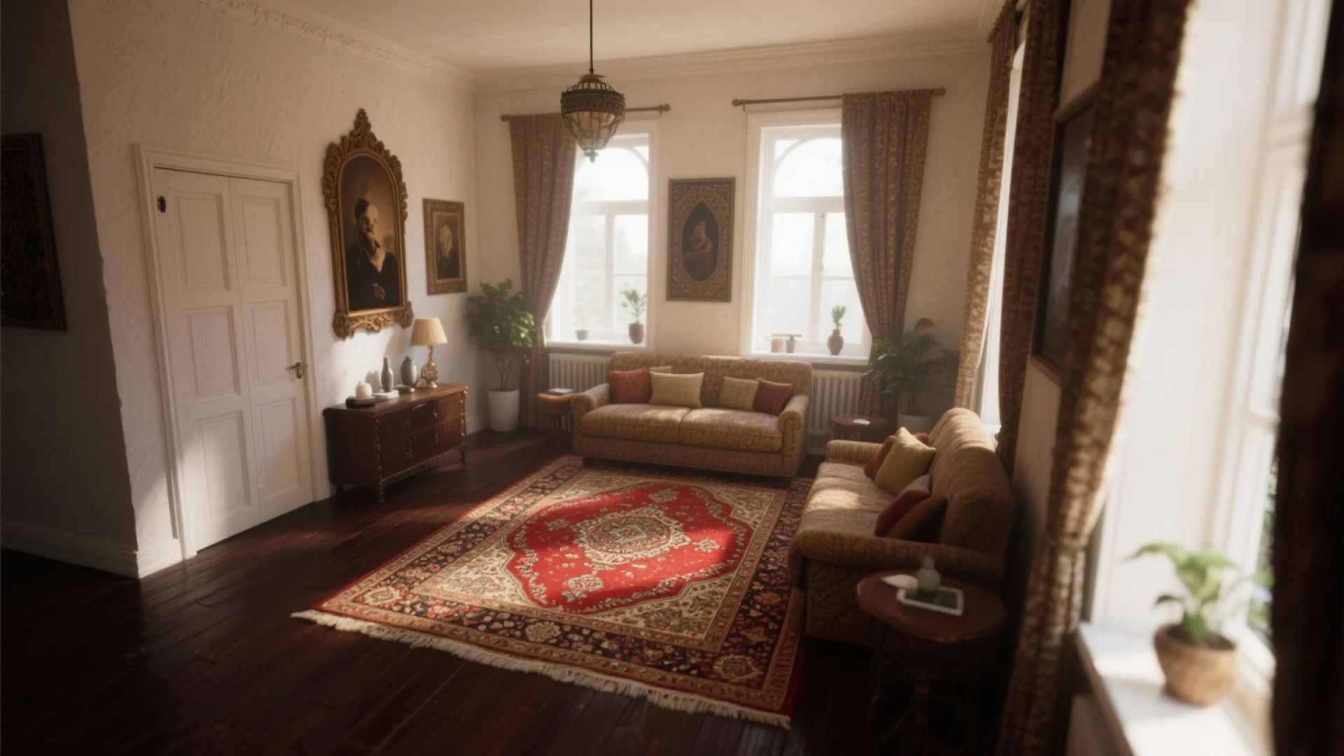 Red patterned rug over dark hardwood flooring in a living room