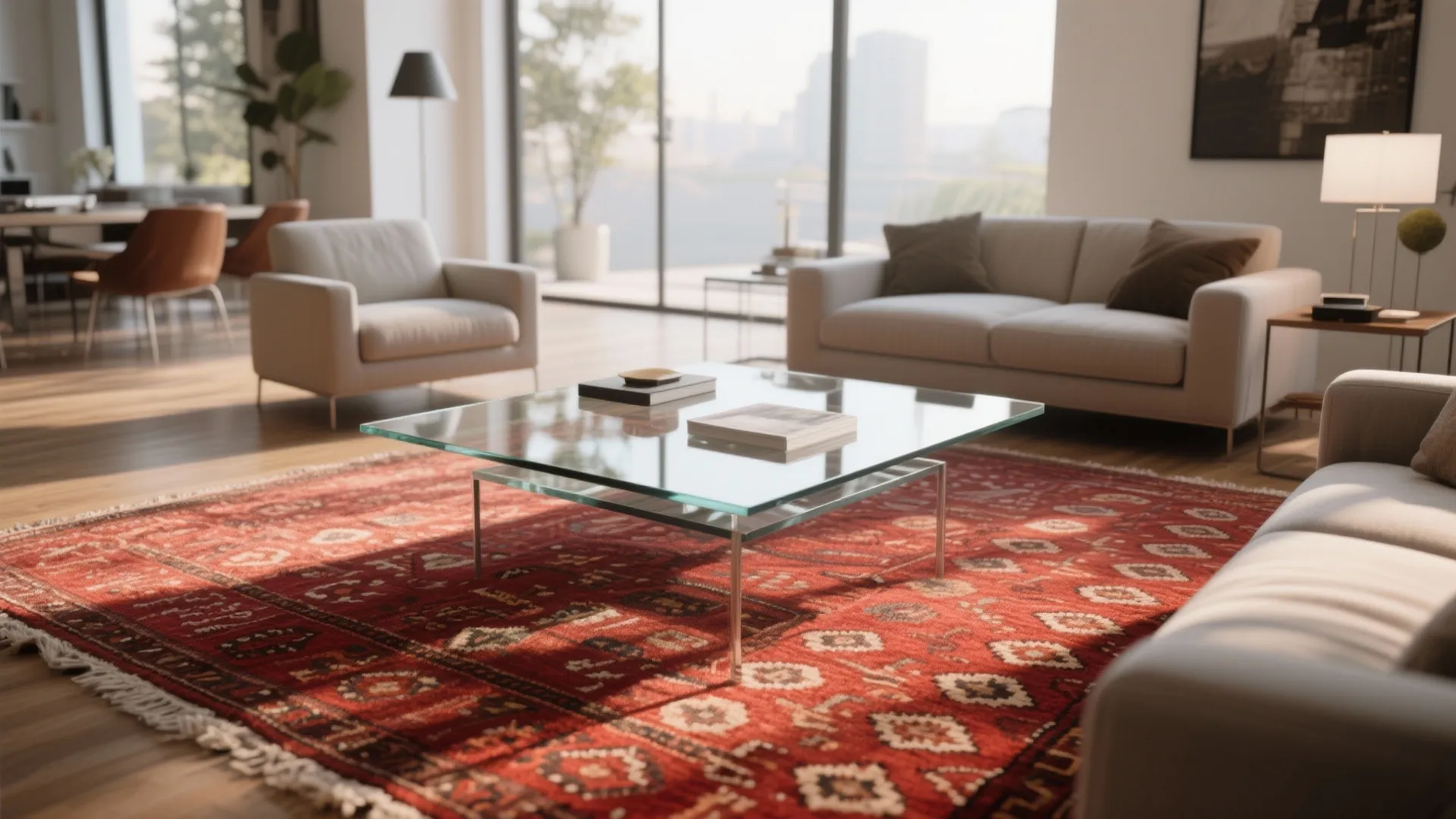 Modern living room with glass coffee table on red rug next to white fabric sofa