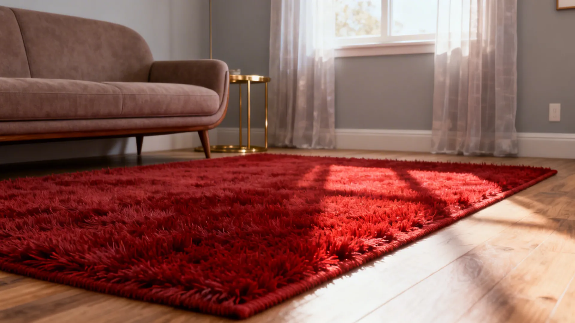 Red shaggy rug on wooden floor near brown sofa and a small gold side table