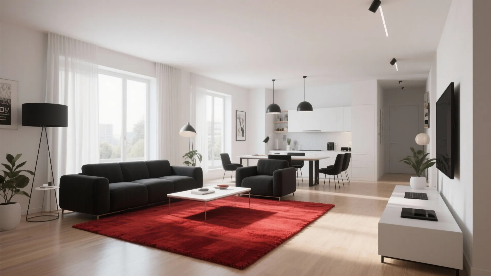 Open plan living space with large red rug black sofa white walls and dining area