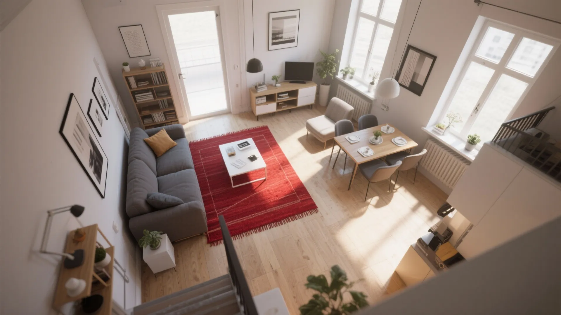 Modern open living room interior design drawing featuring grey sofa red rug and wood floor