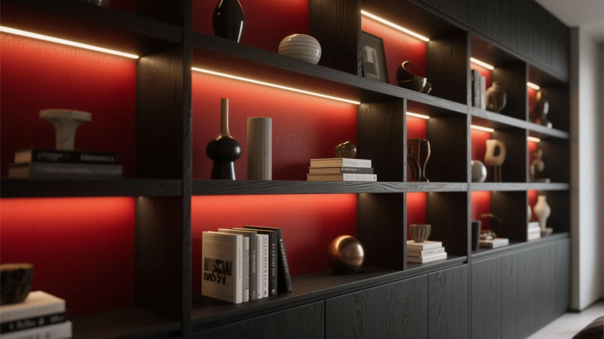 5. Red Accented Shelving and Integrated Lighting