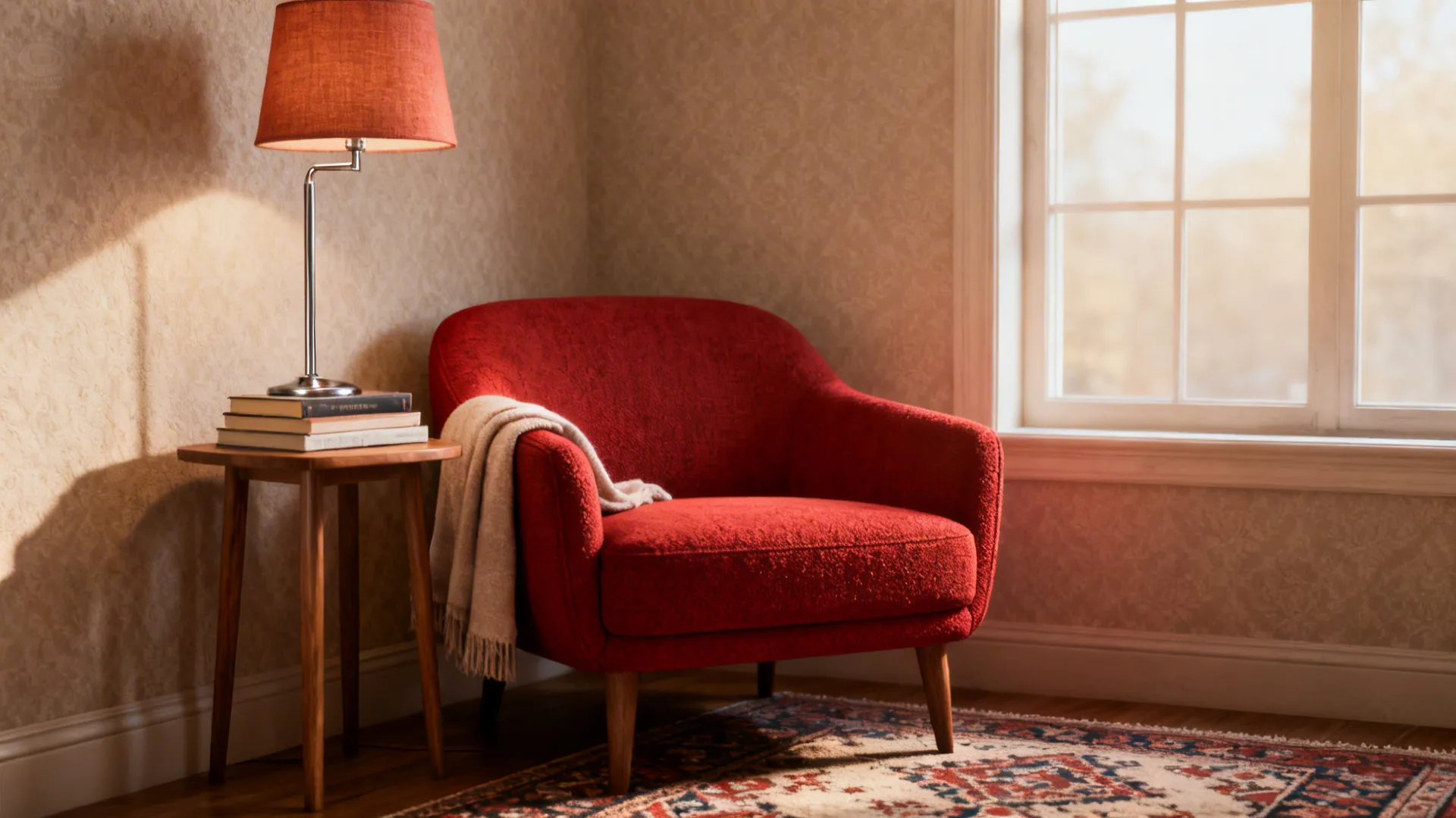 Low-profile red slipper chair in a cozy reading nook with lamp and slim side table