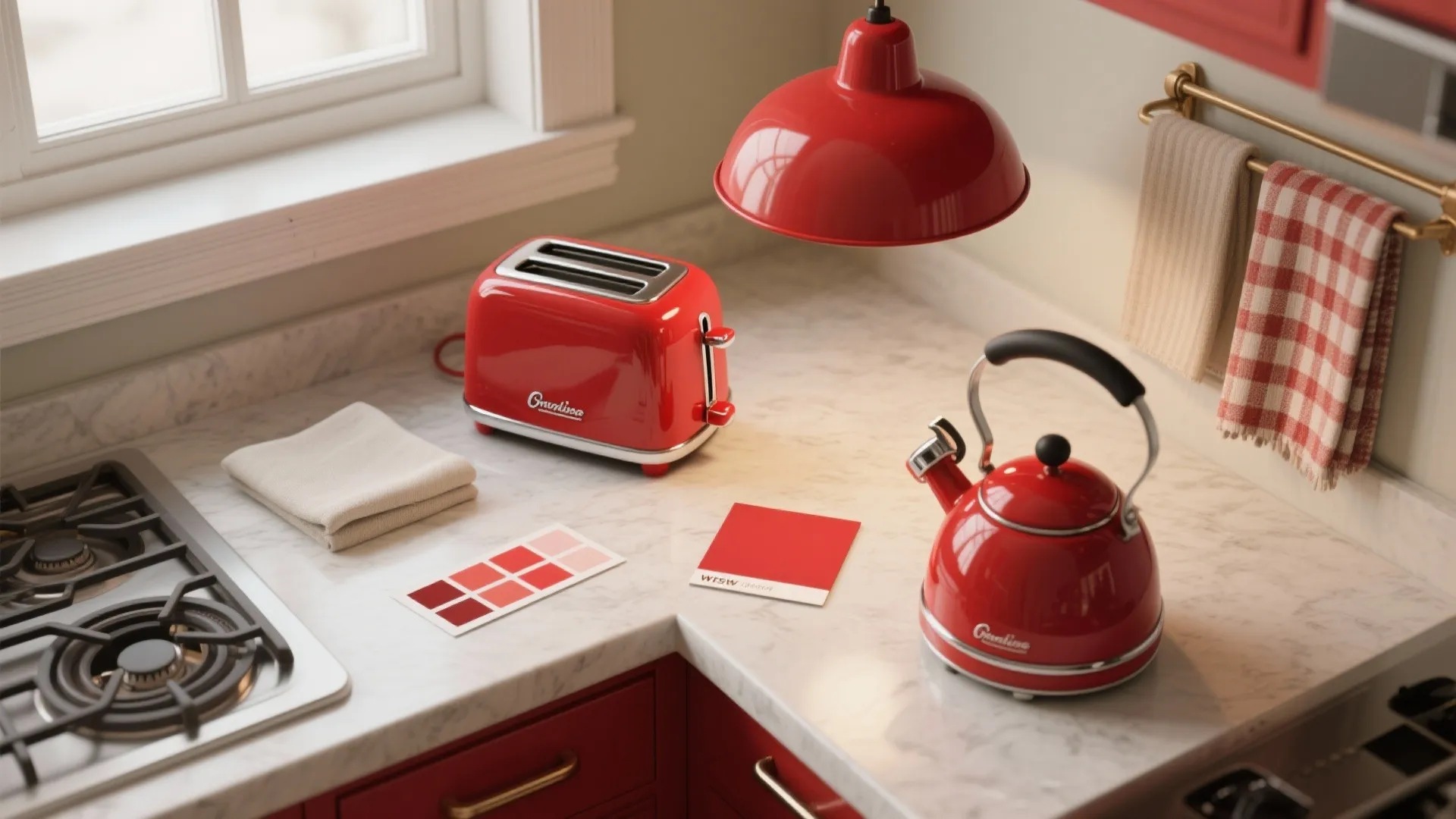 Kitchen counter with red toaster, red kettle, red ceiling light, and color swatches for design