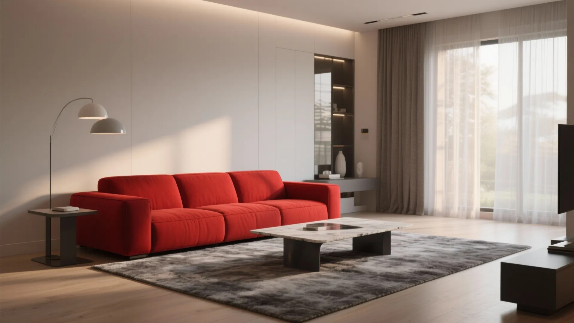 2. Statement Red Sofa on a Gray Rug