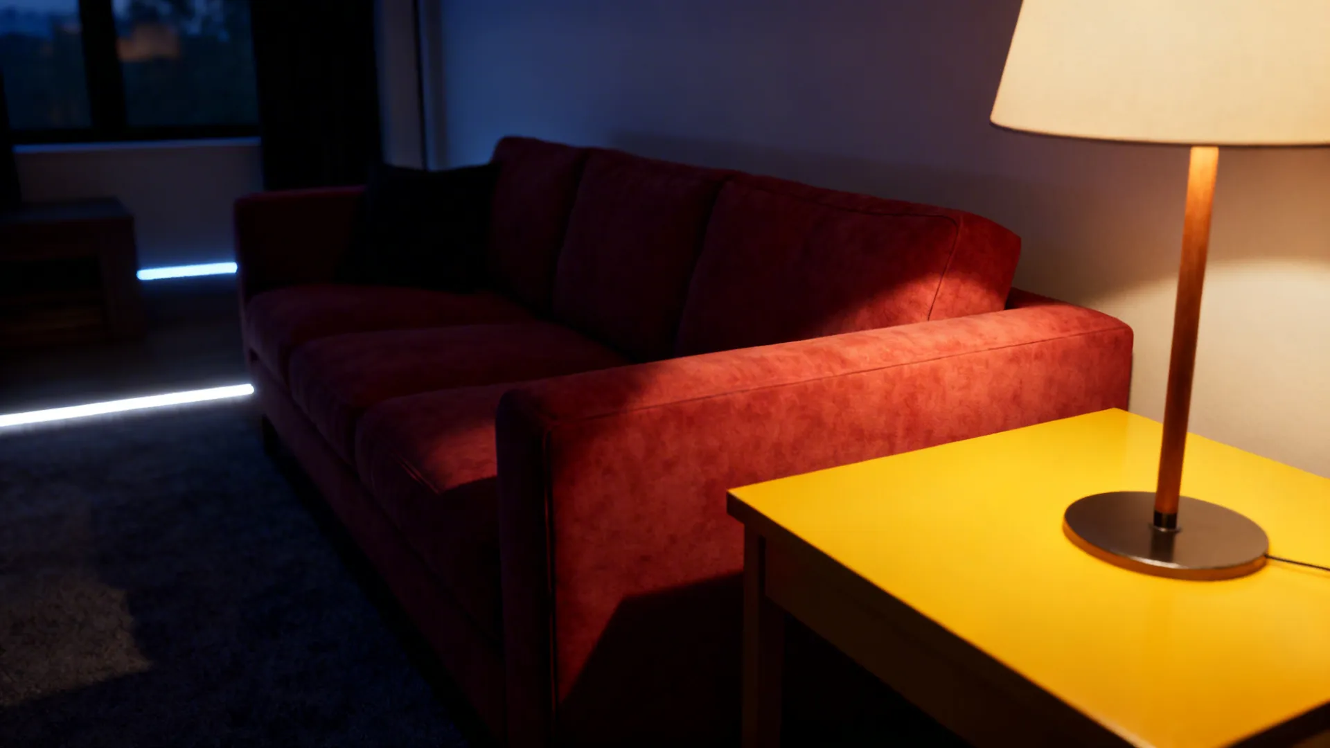 4. Balanced Contrast: Red Sofa + Yellow Lighting