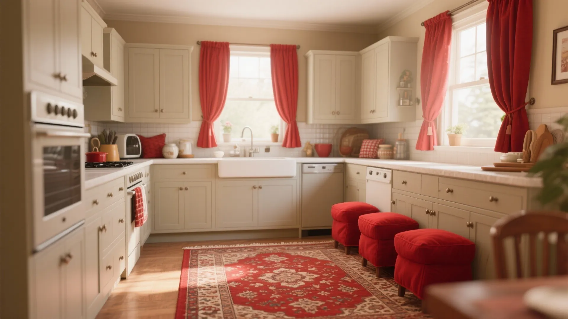 Country style kitchen with cream cabinets red curtains red rug red footrests and white farmhouse sink