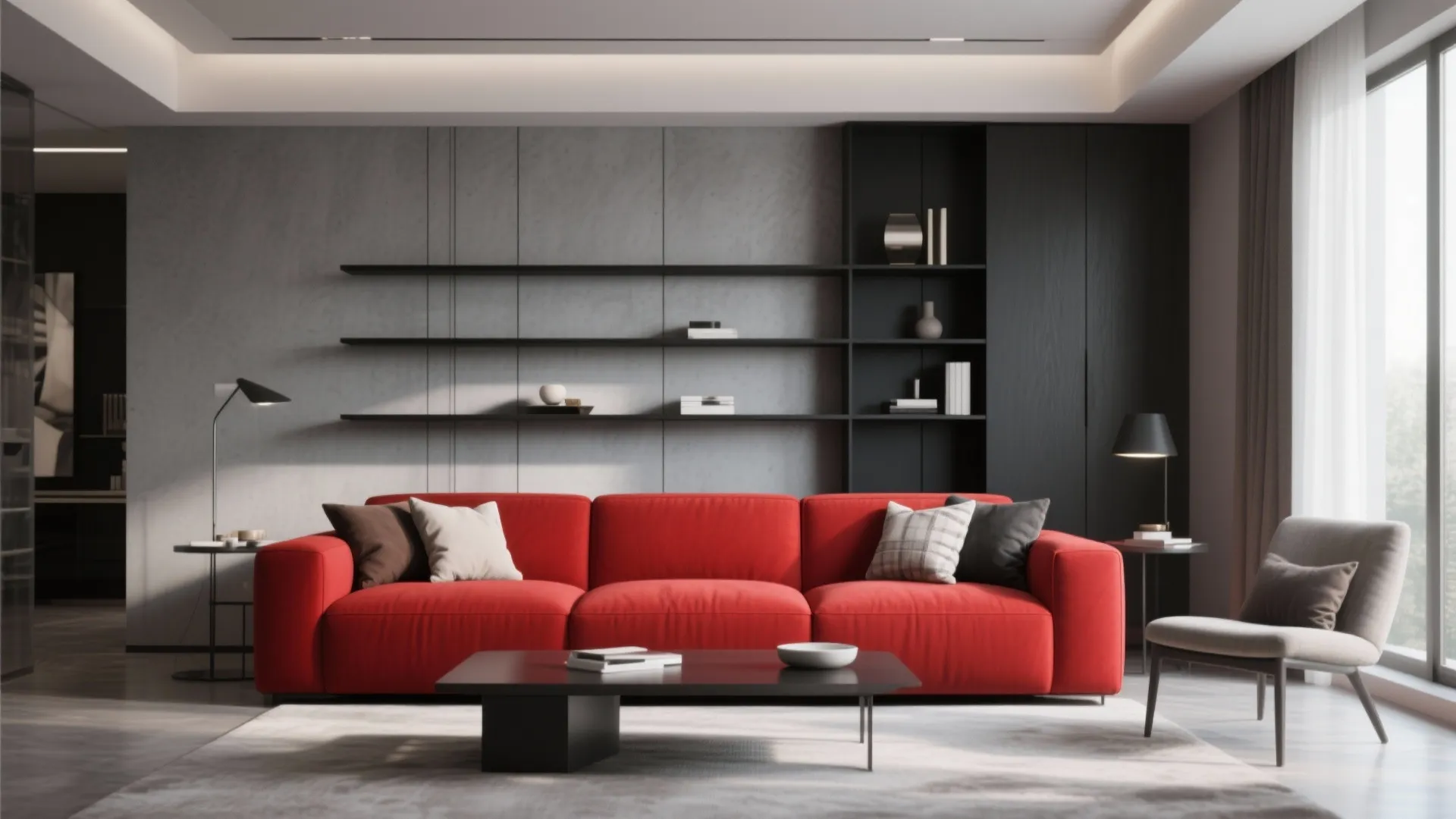 Modern living room featuring a bright red sofa black shelving unit coffee table and grey walls