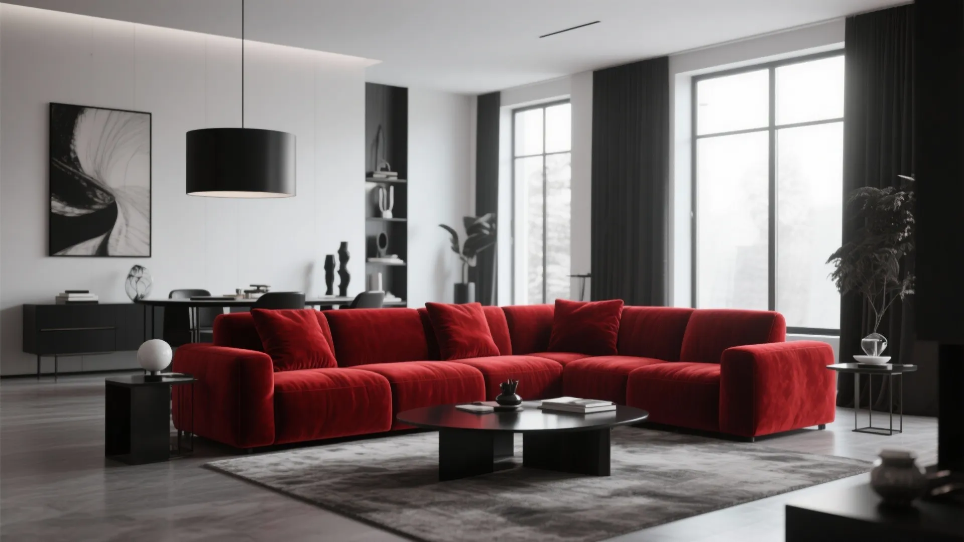 Modern living room with large red sofa black coffee table ceiling light and big windows