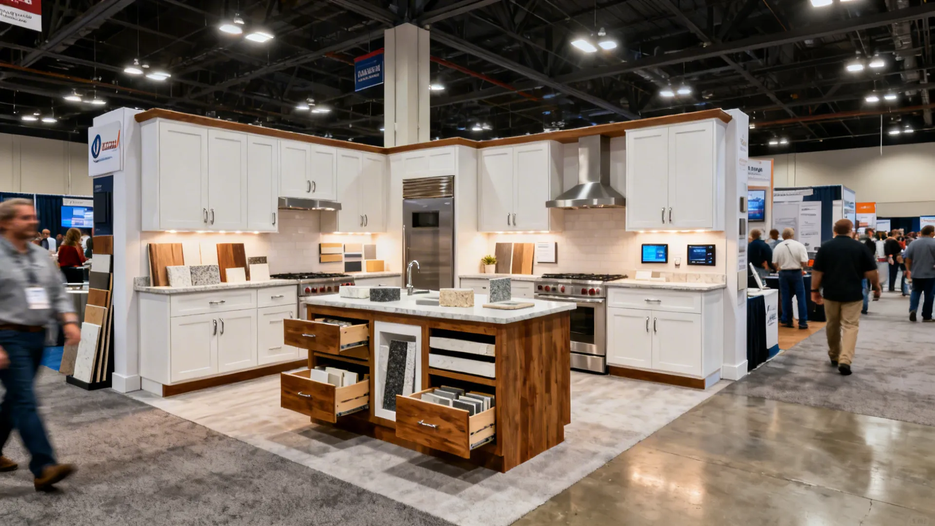 Kitchen expo booths with compact L-shaped displays, cabinet hardware demos, and stone samples at a Baton Rouge show.