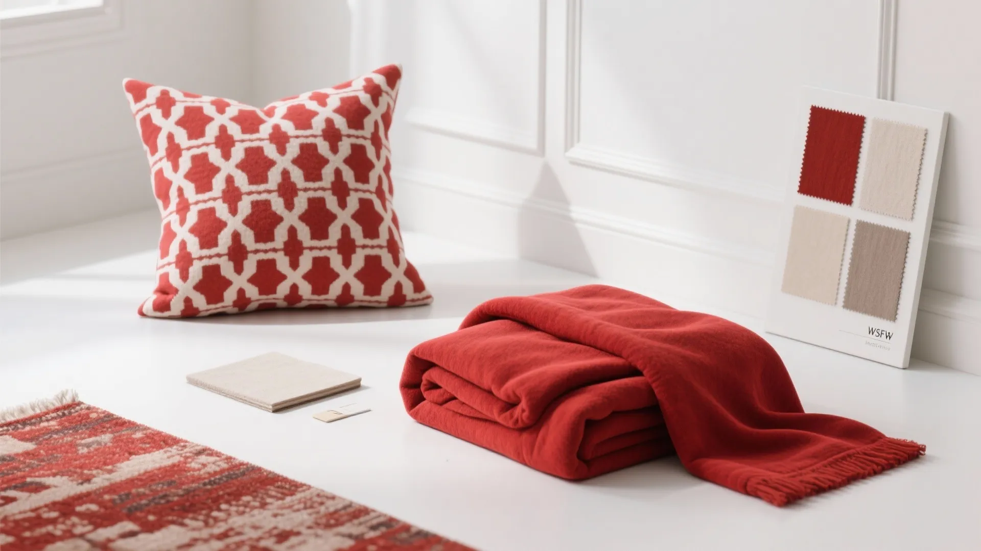 2. Red textiles, white walls — pattern play