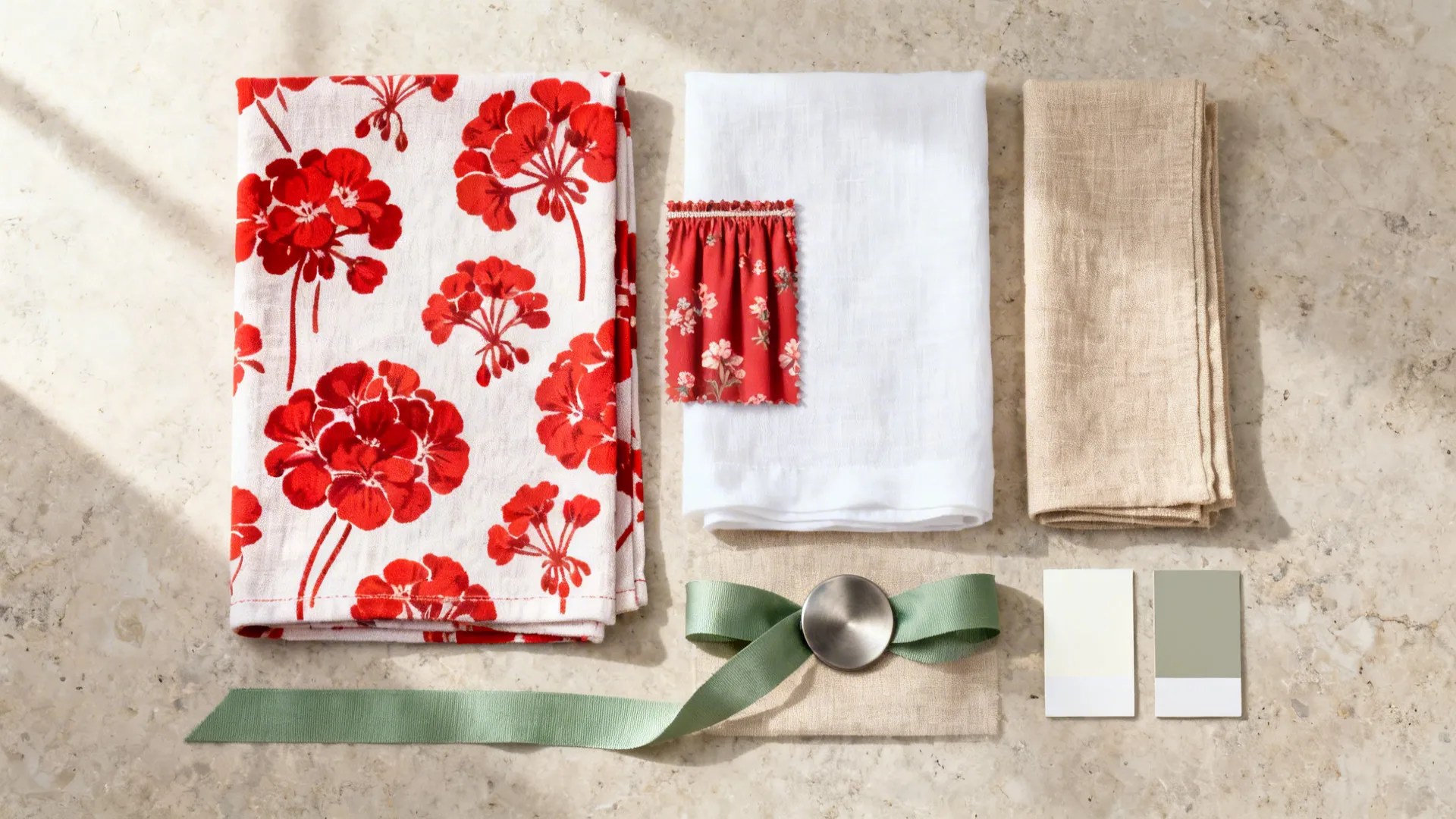 Red Floral Textiles: Curtains, Seat Pads, and Tea Towels