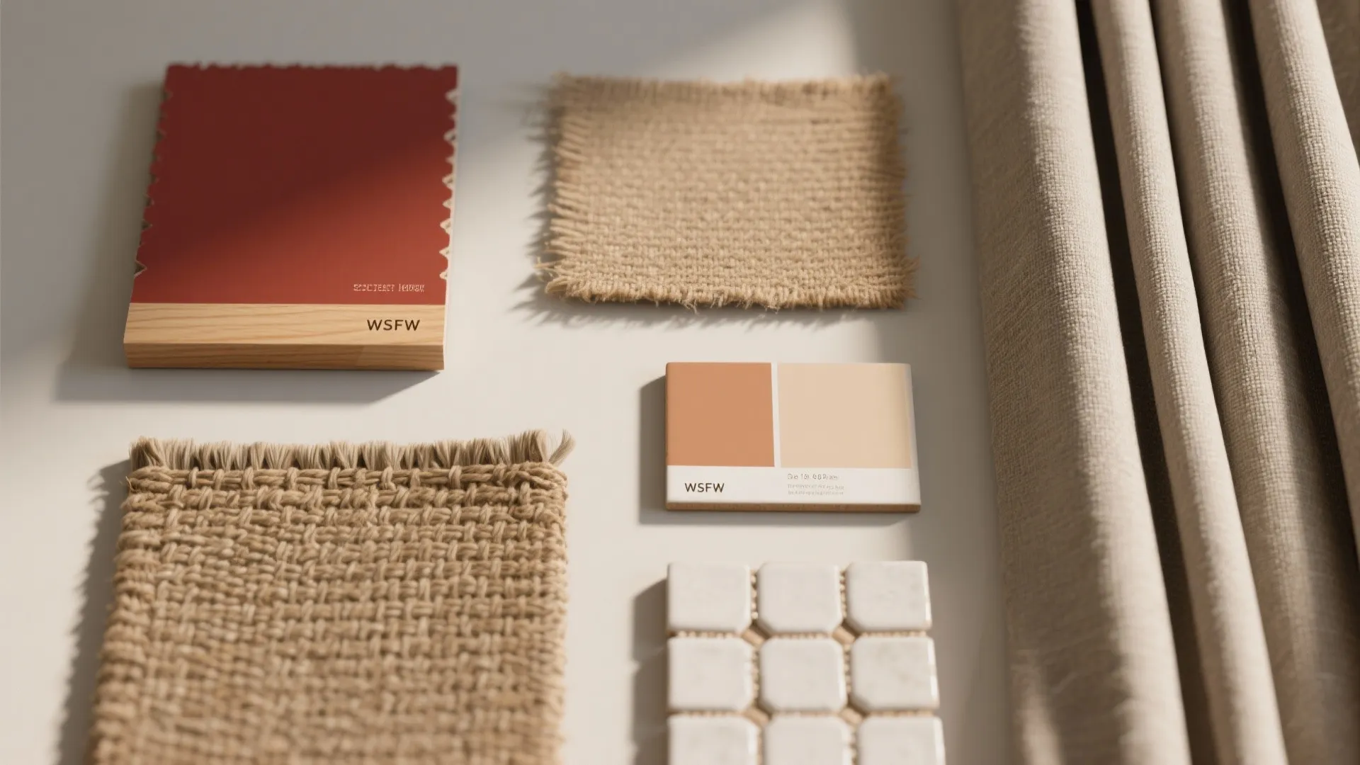 Top-down flatlay of matte red paint swatch, wood trim, woven rug and linen fabric showing layered textures.