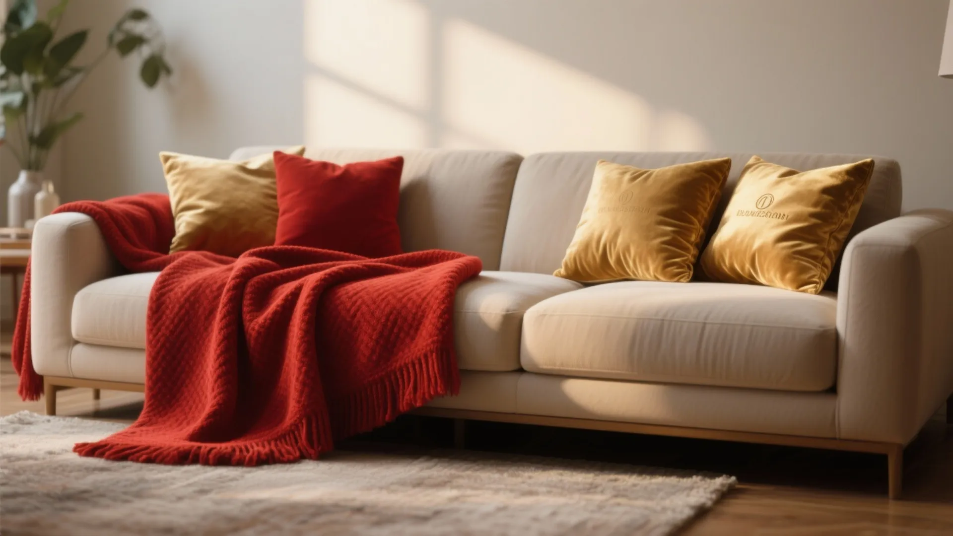 9. Red Throw Blankets with Gold Accent Cushions