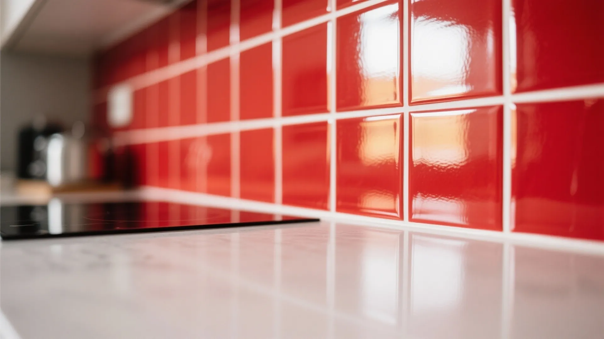 Close up of glossy red wall tiles with white grout lines above white marble countertop