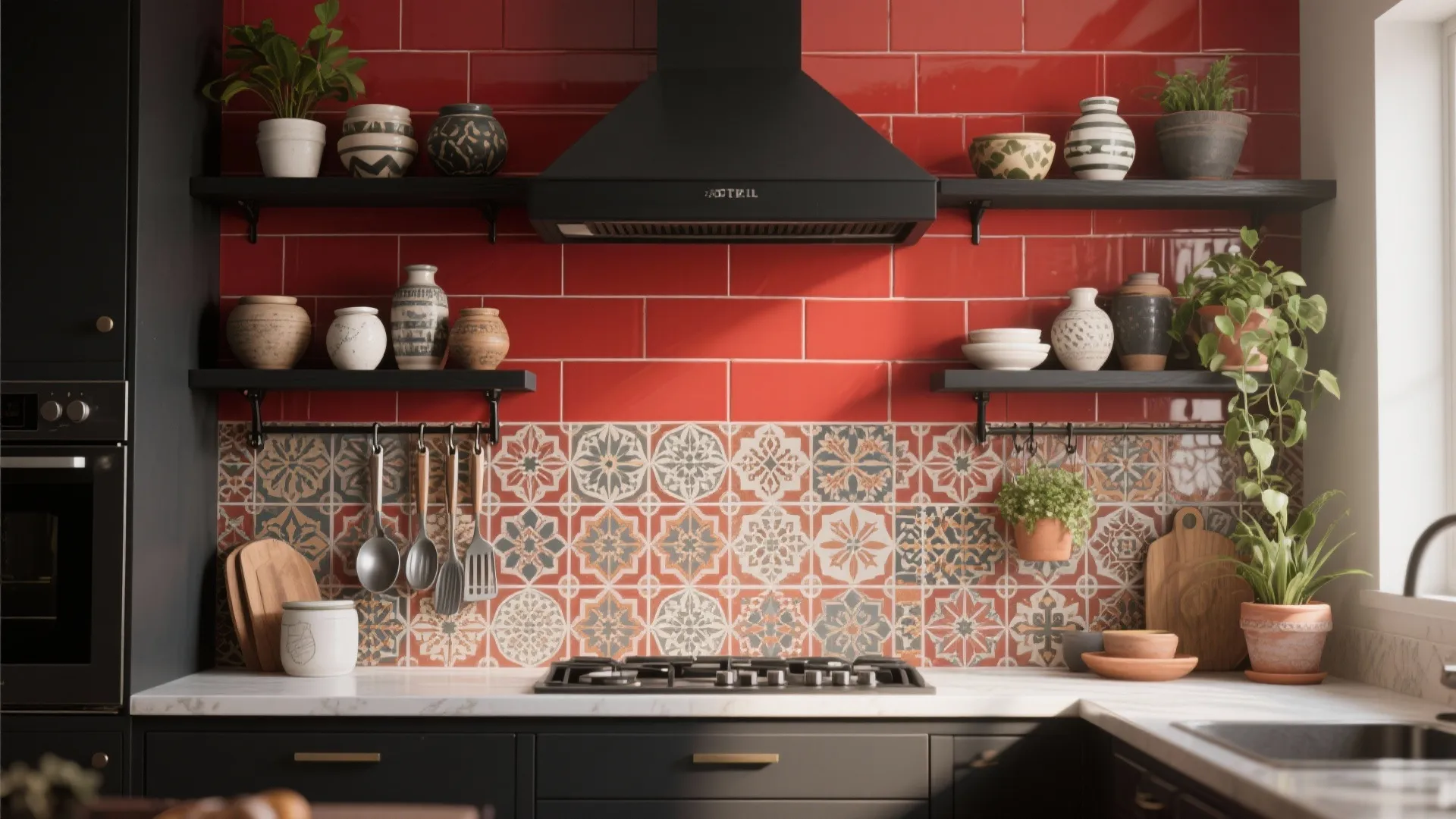 3. Red Tile Backsplash with Black Open Shelving