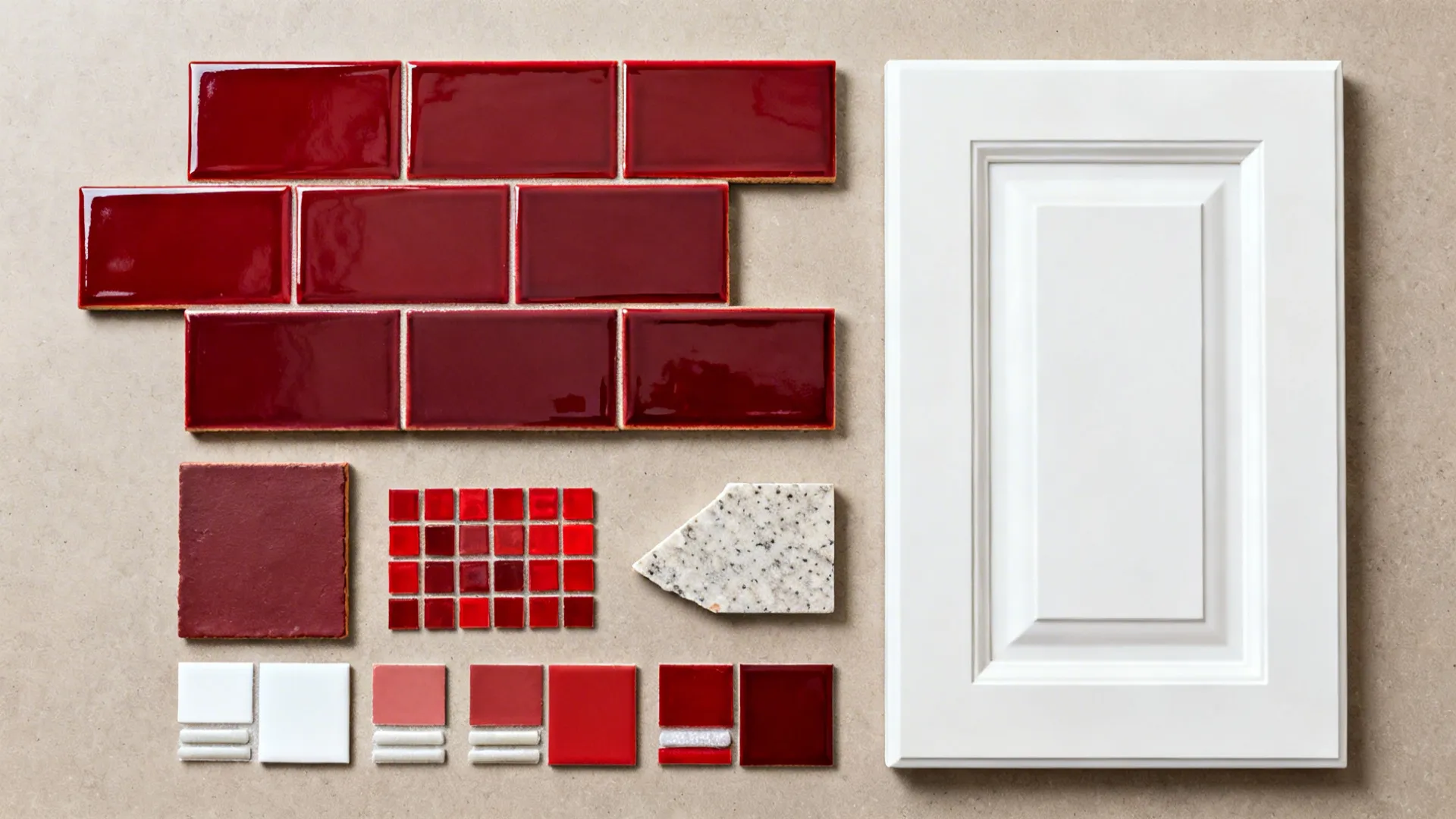 Red Tile Backsplash with White Cabinets