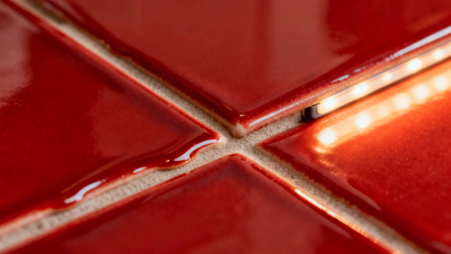 Macro of glossy red tile and clean grout illuminated by warm under-cabinet light.
