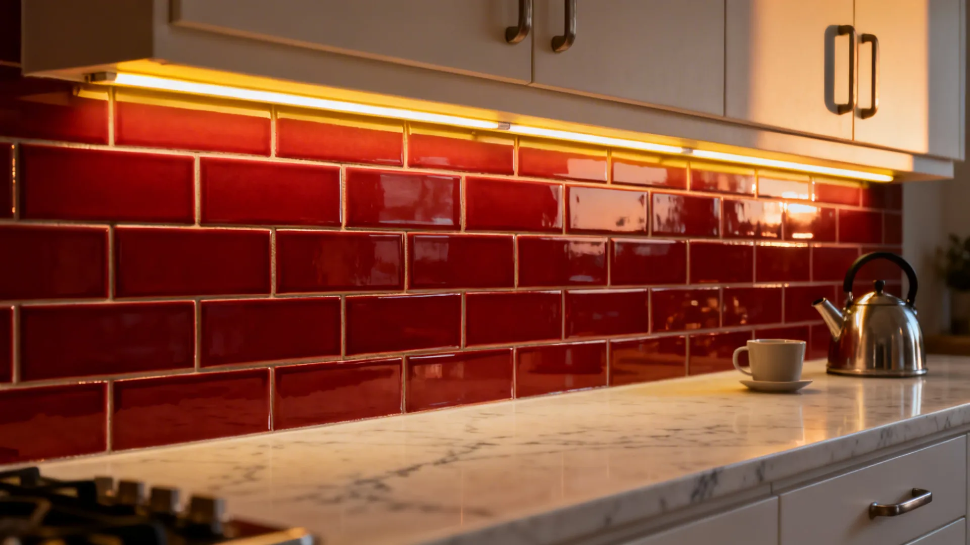 Crimson tile backsplash softly lit by warm pale-yellow under-cabinet LEDs over a light quartz counter.