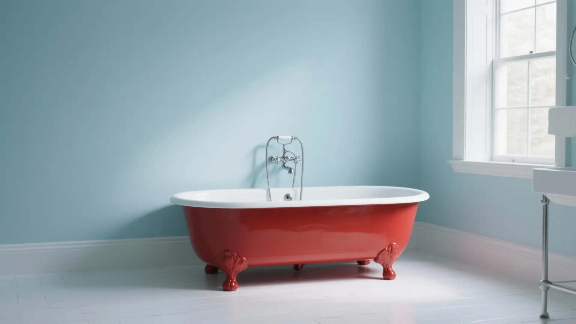 Classic red bathtub with metal legs in a bathroom with light blue walls and windows