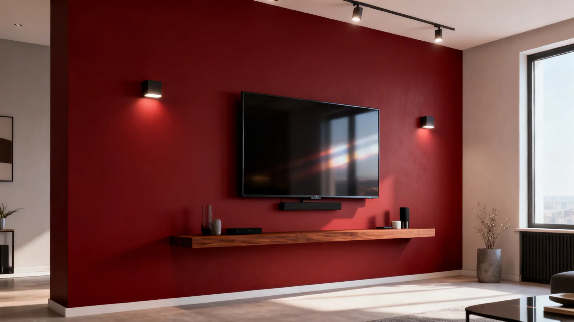 Red accent wall used as a feature zone behind a wall-mounted TV and slim media console.