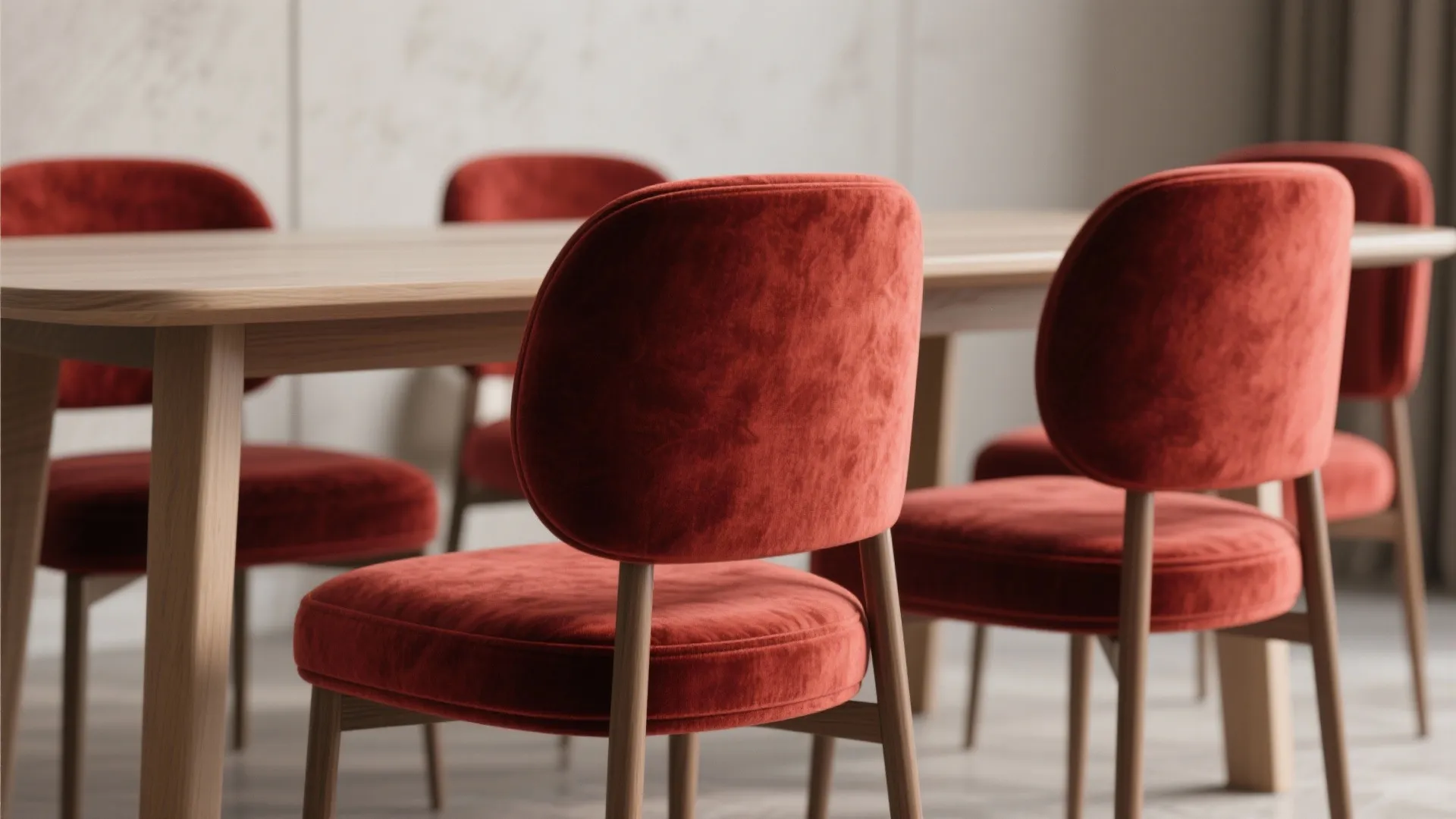Close up of red fabric dining chairs arranged around a light wood dining room table