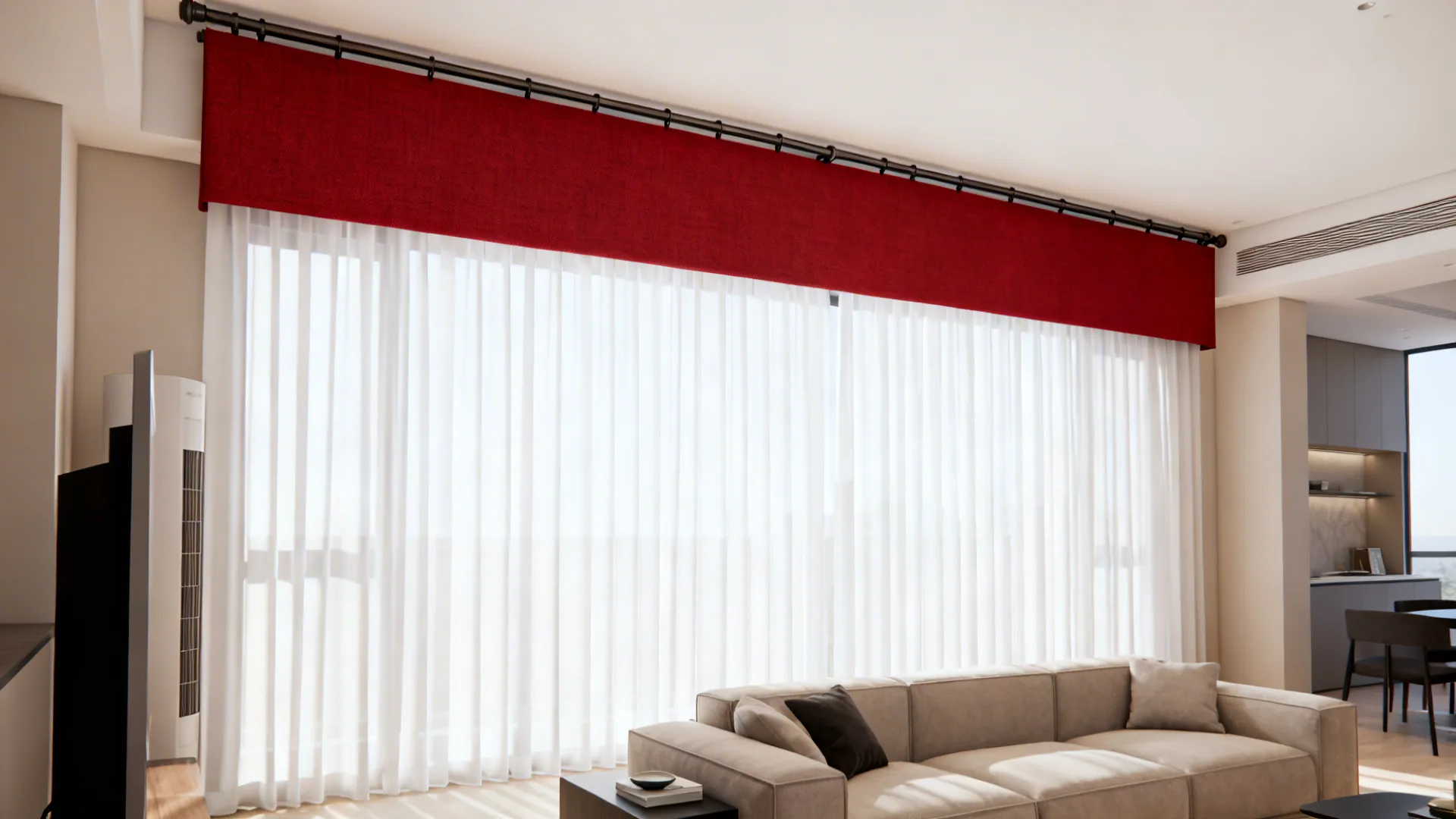 Living room with a red valance above full-length white curtains, creating a ceiling-raising effect.