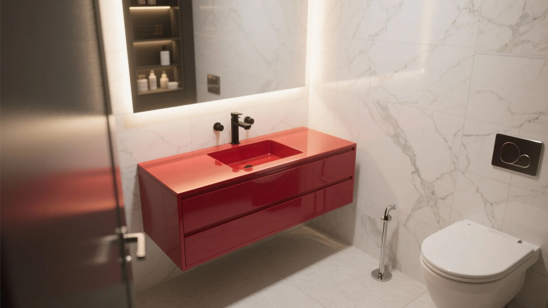 Modern bathroom with a bright red floating cabinet sink against white marble walls and warm light