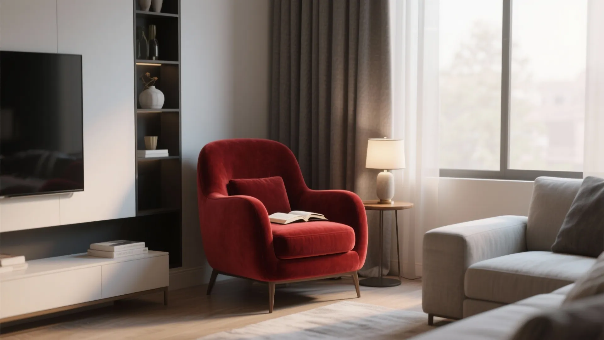 Red velvet chair with book next to table lamp and television cabinet in modern living room