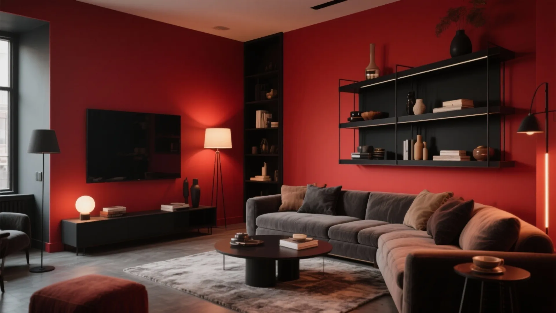 Modern living room with bold red walls dark grey sofa black wall shelves and floor lamps
