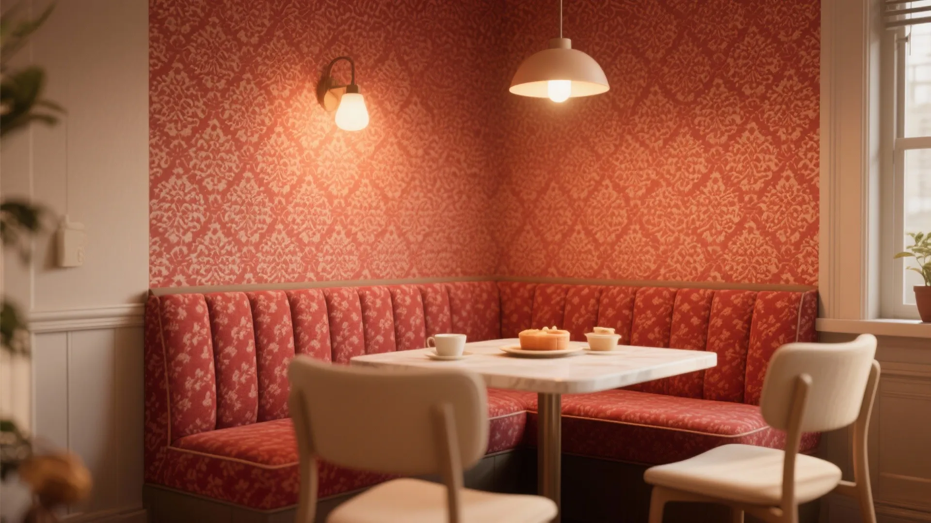 5. Patterned Red Wallpaper in a Breakfast Nook