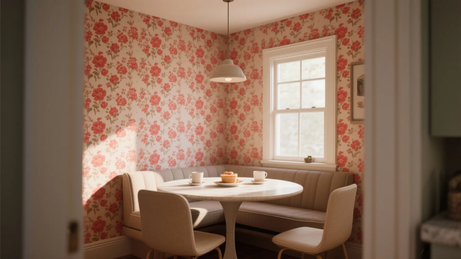 Dining nook with red floral wallpaper, round white table, corner bench, chairs, and roof window