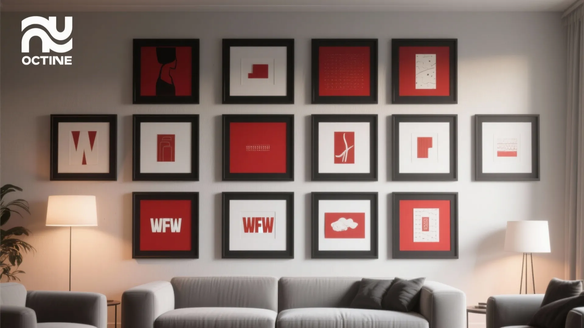 Gallery wall with sixteen square framed red and white art pieces above a grey sofa