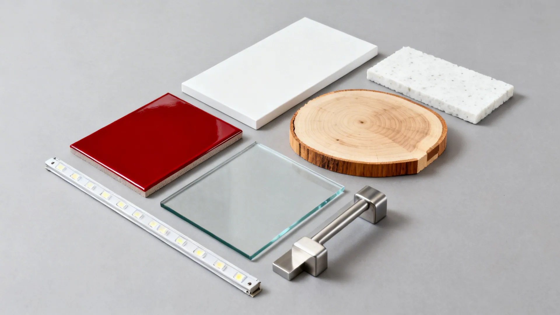 Flat lay of red lacquer, matte white, low-iron glass, ash wood, oak edging, quartz, and stainless hardware.