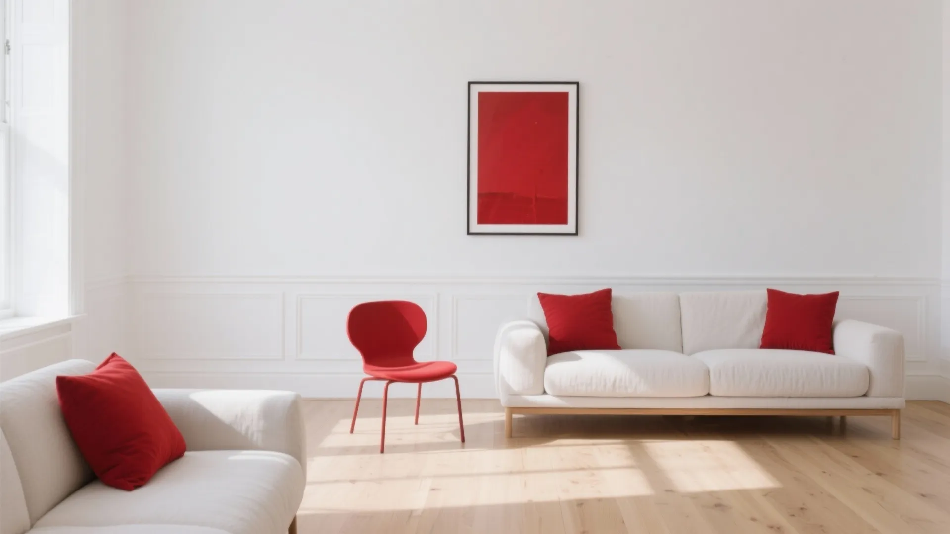 Minimalist red accents with bright whites