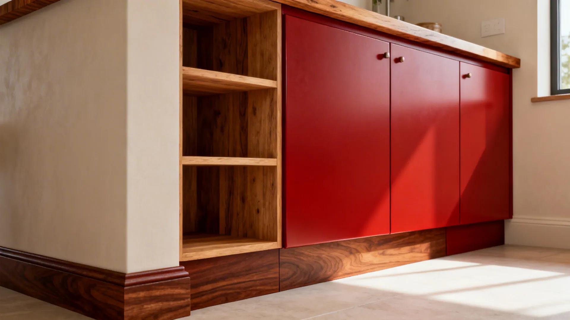 Small kitchen with matte red cabinets complemented by oak shelves and walnut details