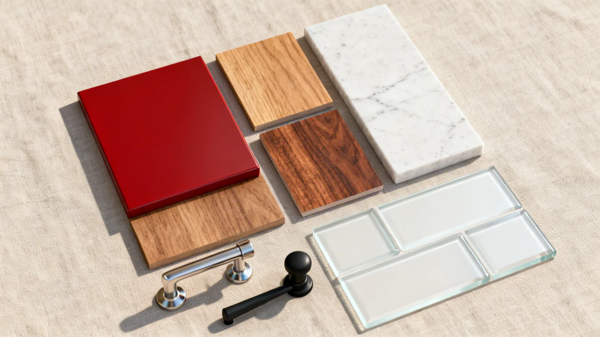 Material flat lay with matte deep red sample, oak and walnut swatches, quartz, and hardware
