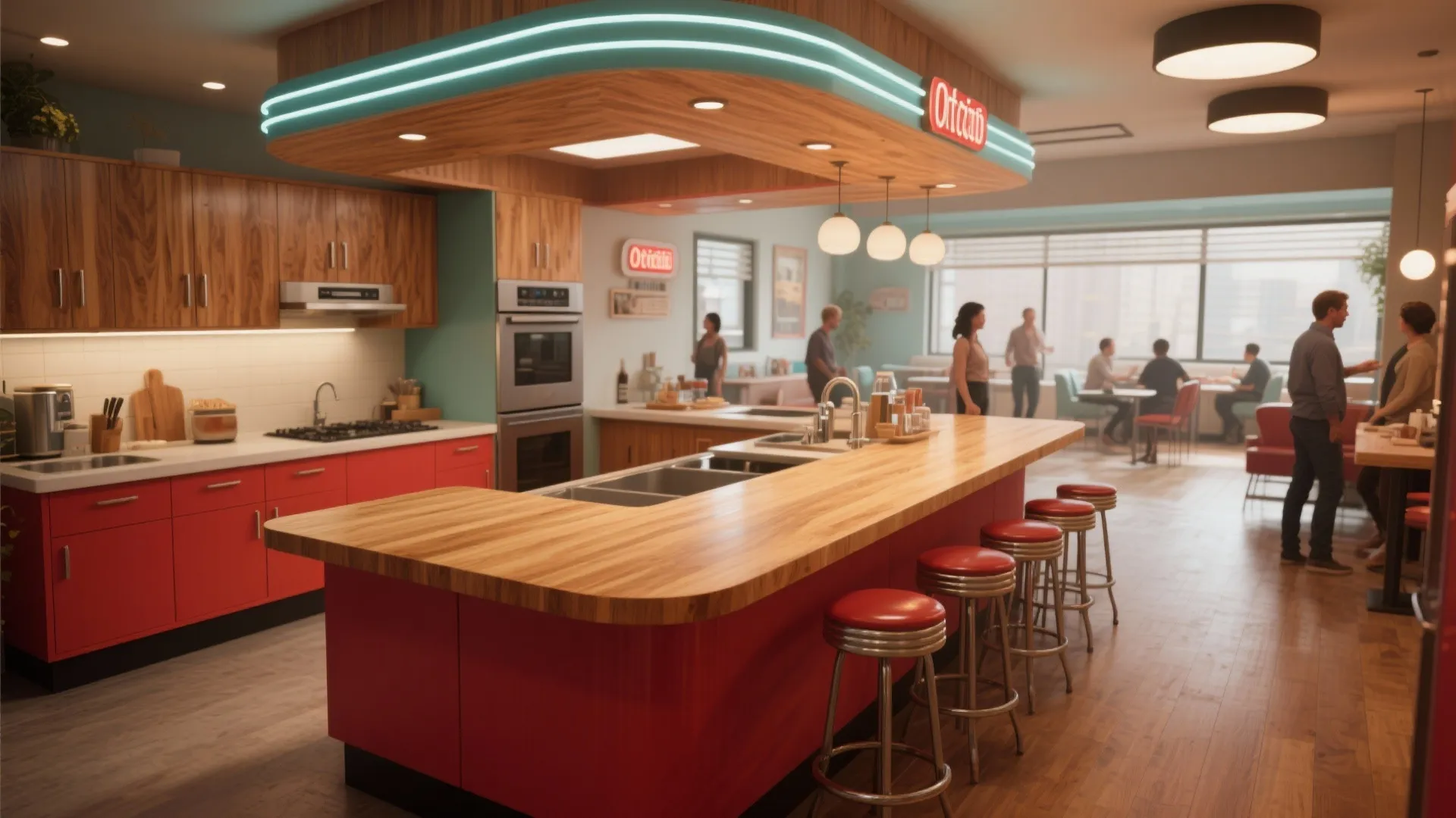 4. Two-Tone Red Island with Natural Wood Countertop