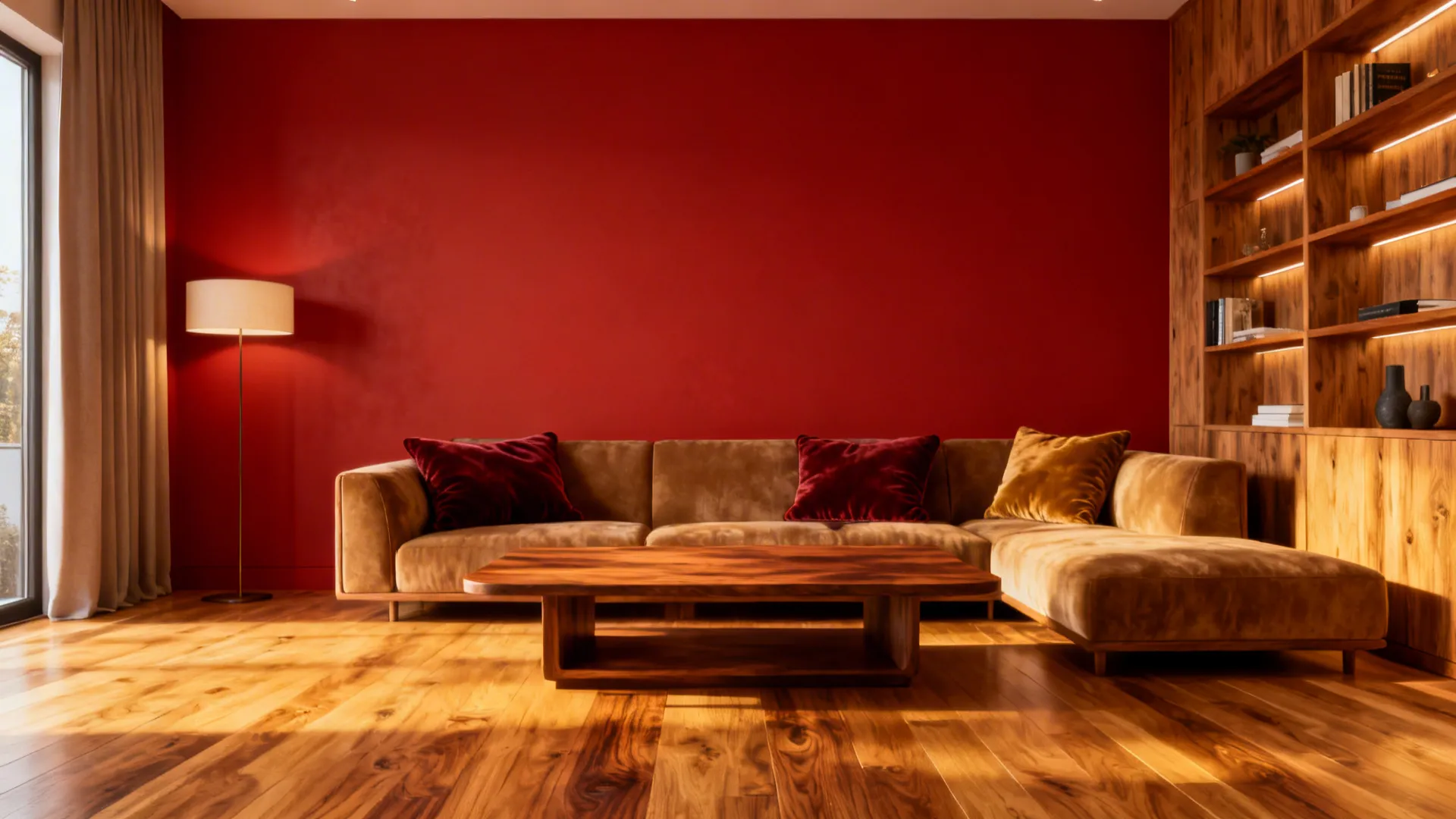 Red accent wall balanced by walnut coffee table and oak shelving