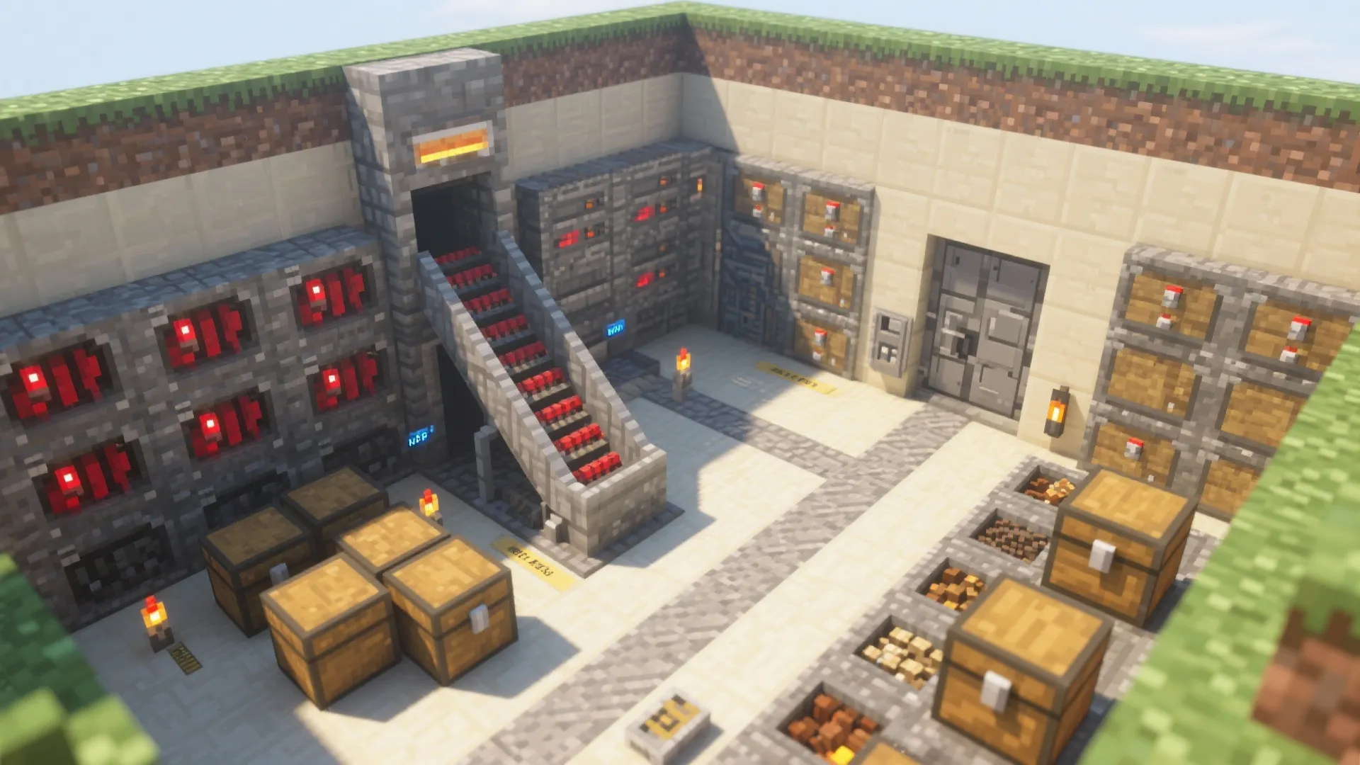 Minecraft underground storage room with wooden chests stone stairs red lights and grey stone walls