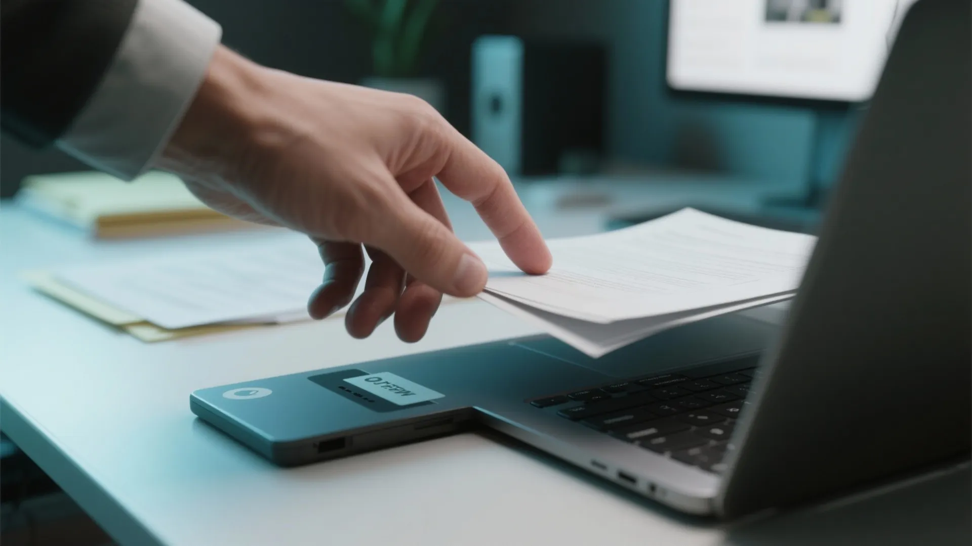 Close up of person hand picking up paper documents from white desk next to laptop