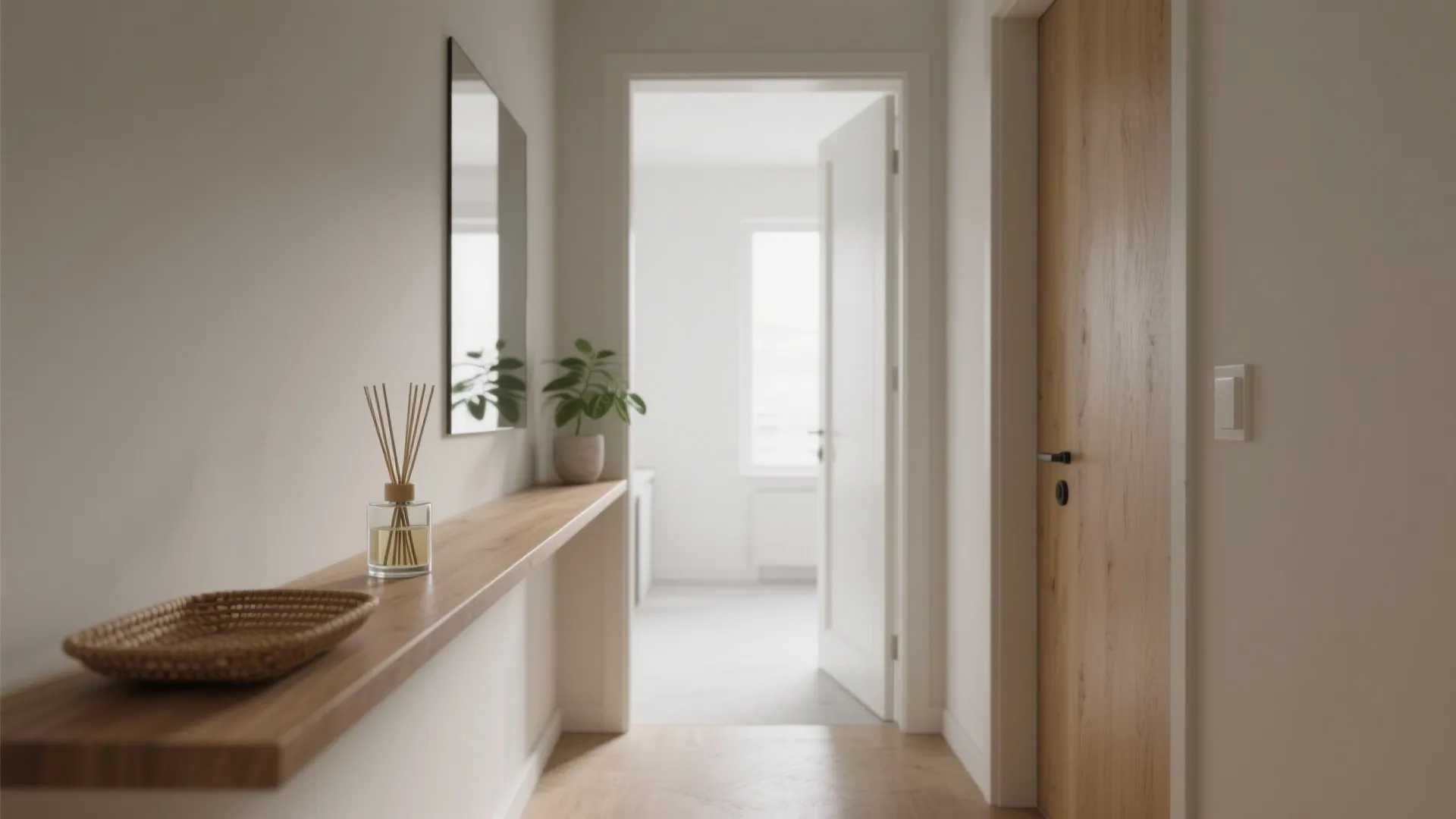 Slim reed diffuser on a narrow wood console in a small neutral entryway.