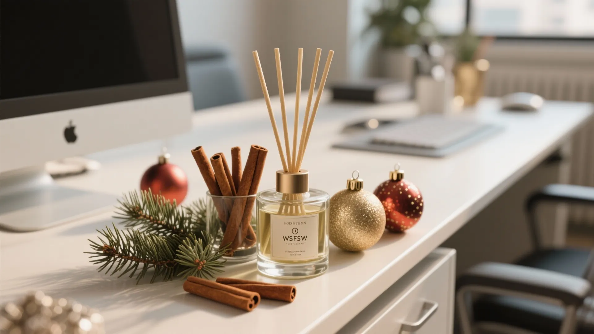 Reed diffuser on office desk with cinnamon sticks green pine branches and festive red gold balls