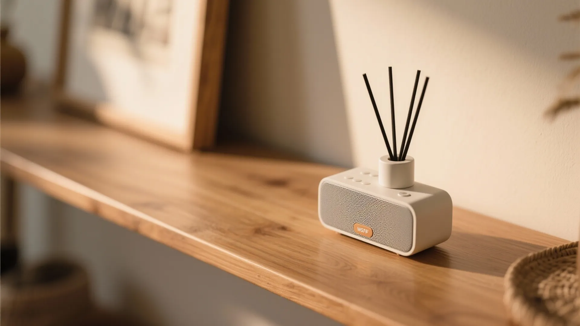 Close-up of a reed diffuser and a small speaker on a shelf