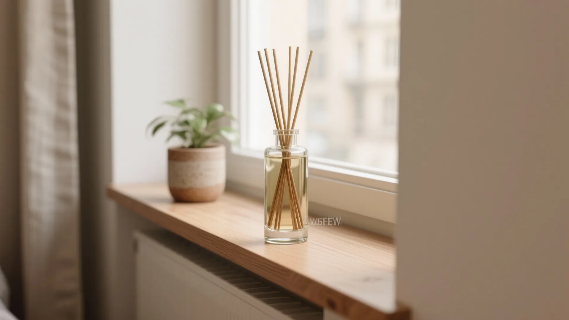 Glass bottle with wooden sticks sitting on a wooden window ledge next to green plant