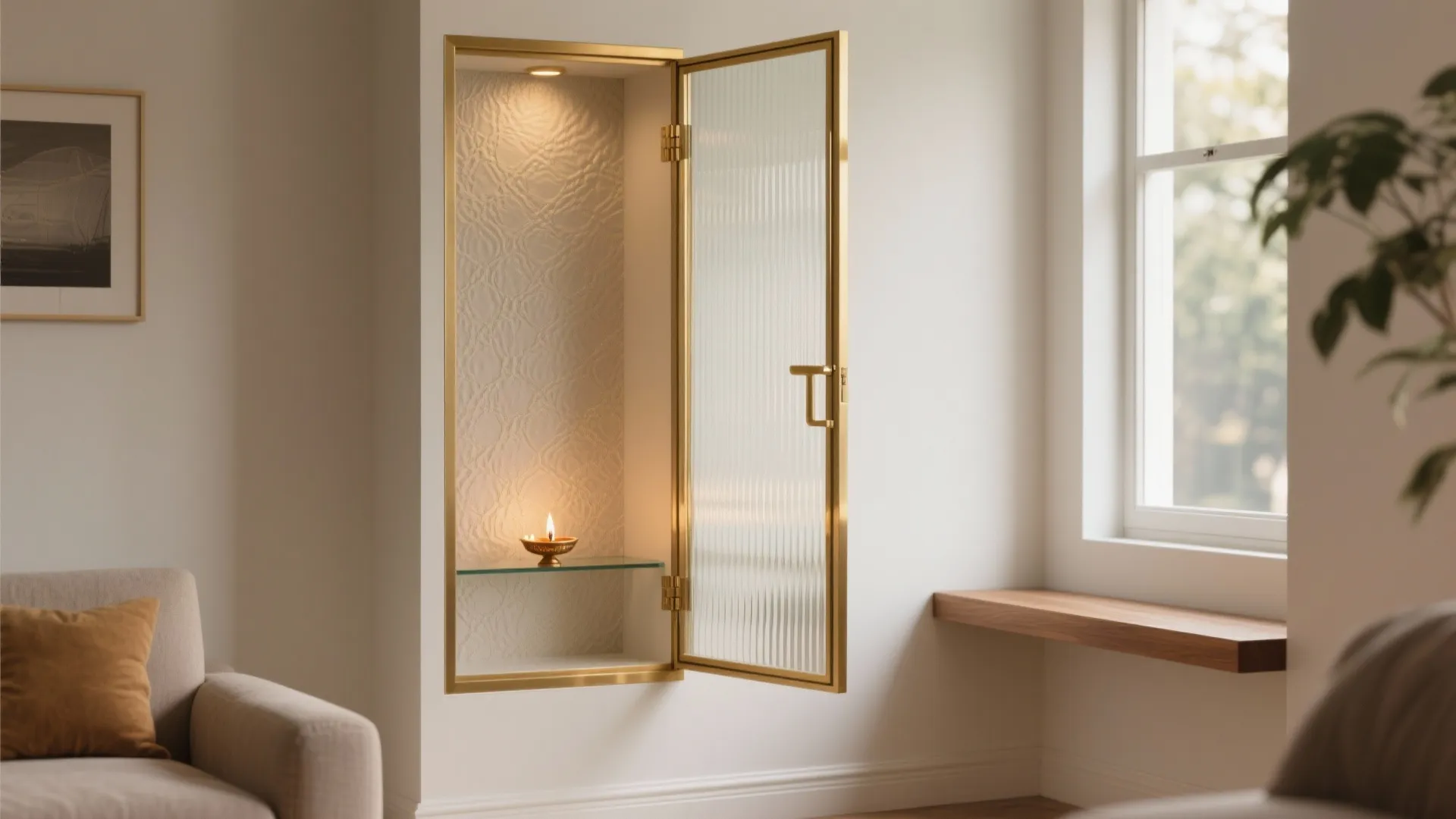 Textured glass and brass frames for a refined, light feel