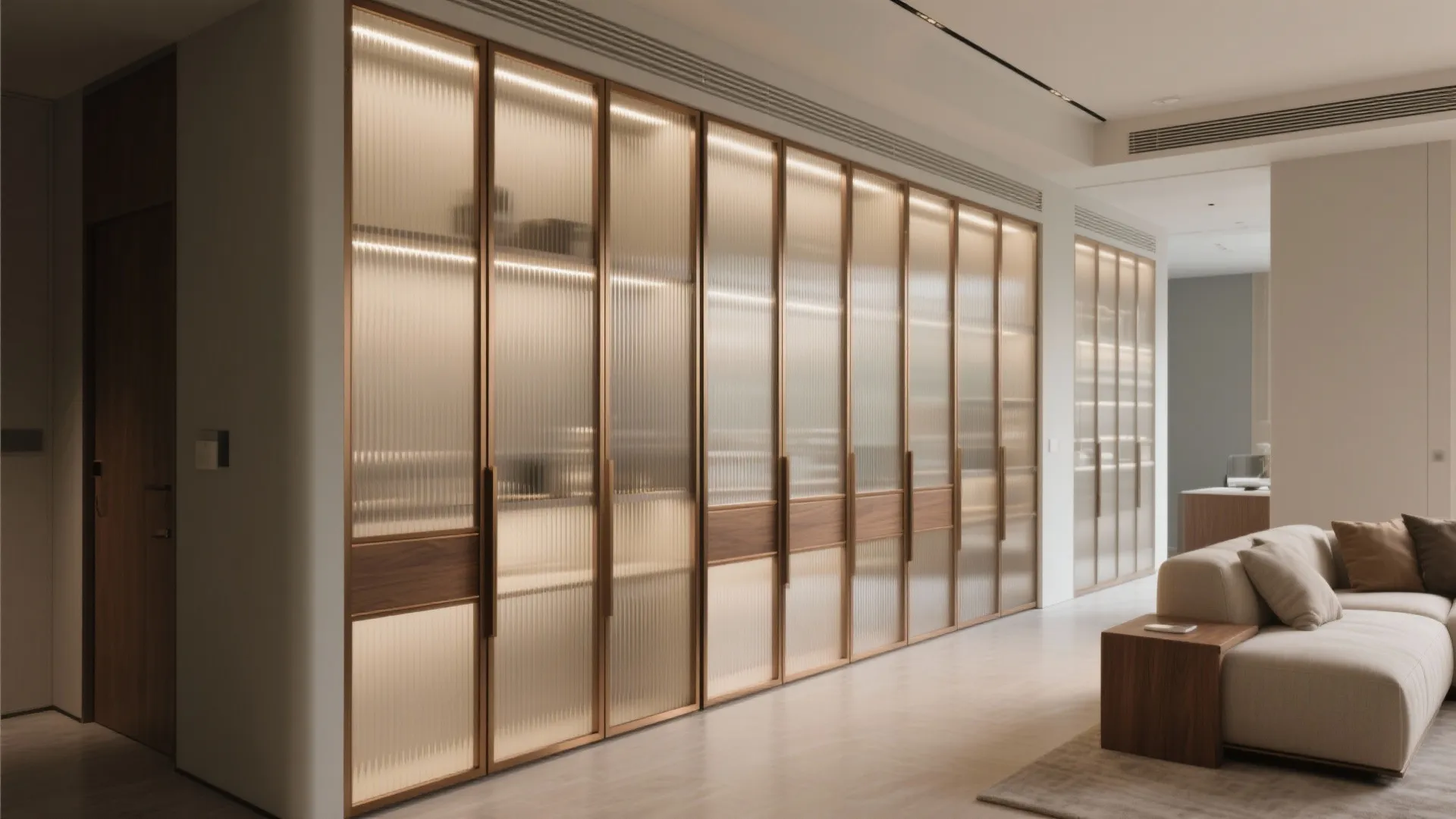Floor-to-ceiling reeded glass showcase with bronze frames