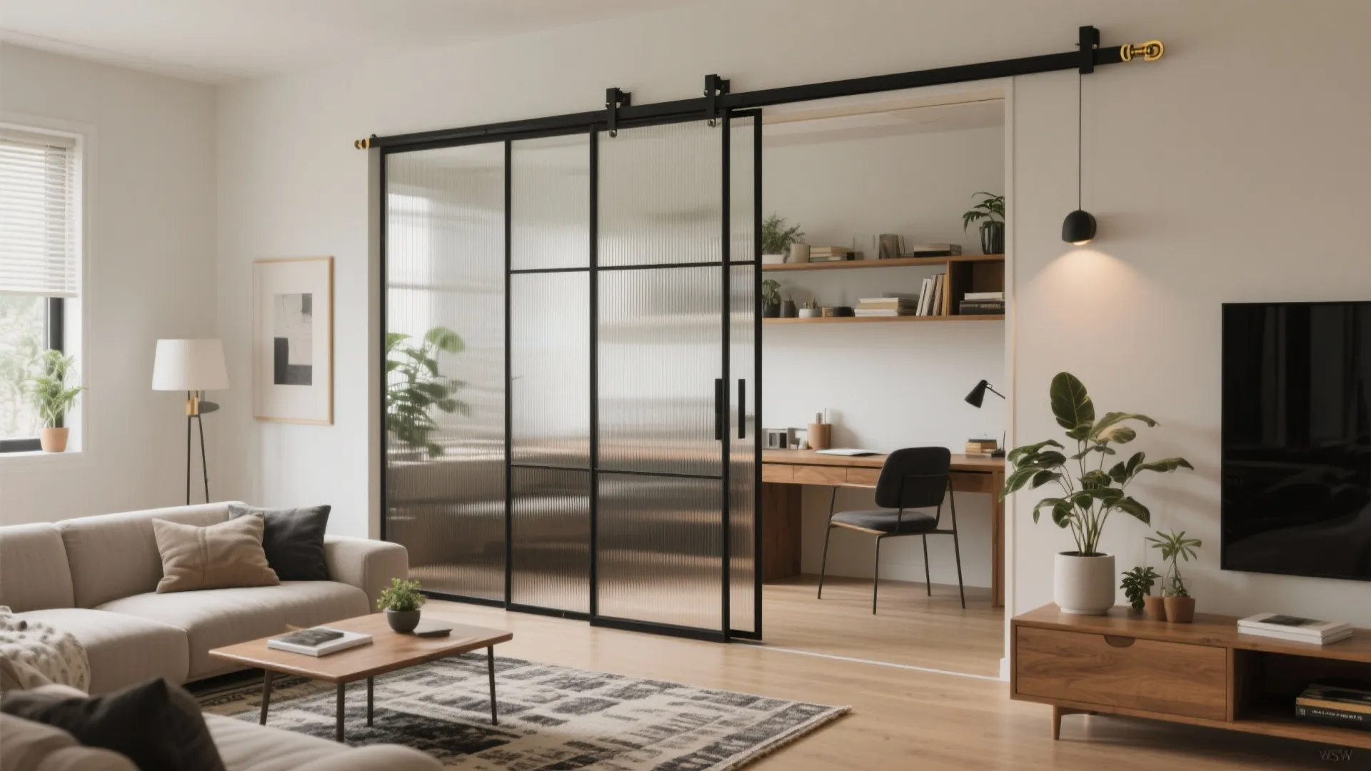 Living room and home office separated by black framed sliding glass doors with textured glass
