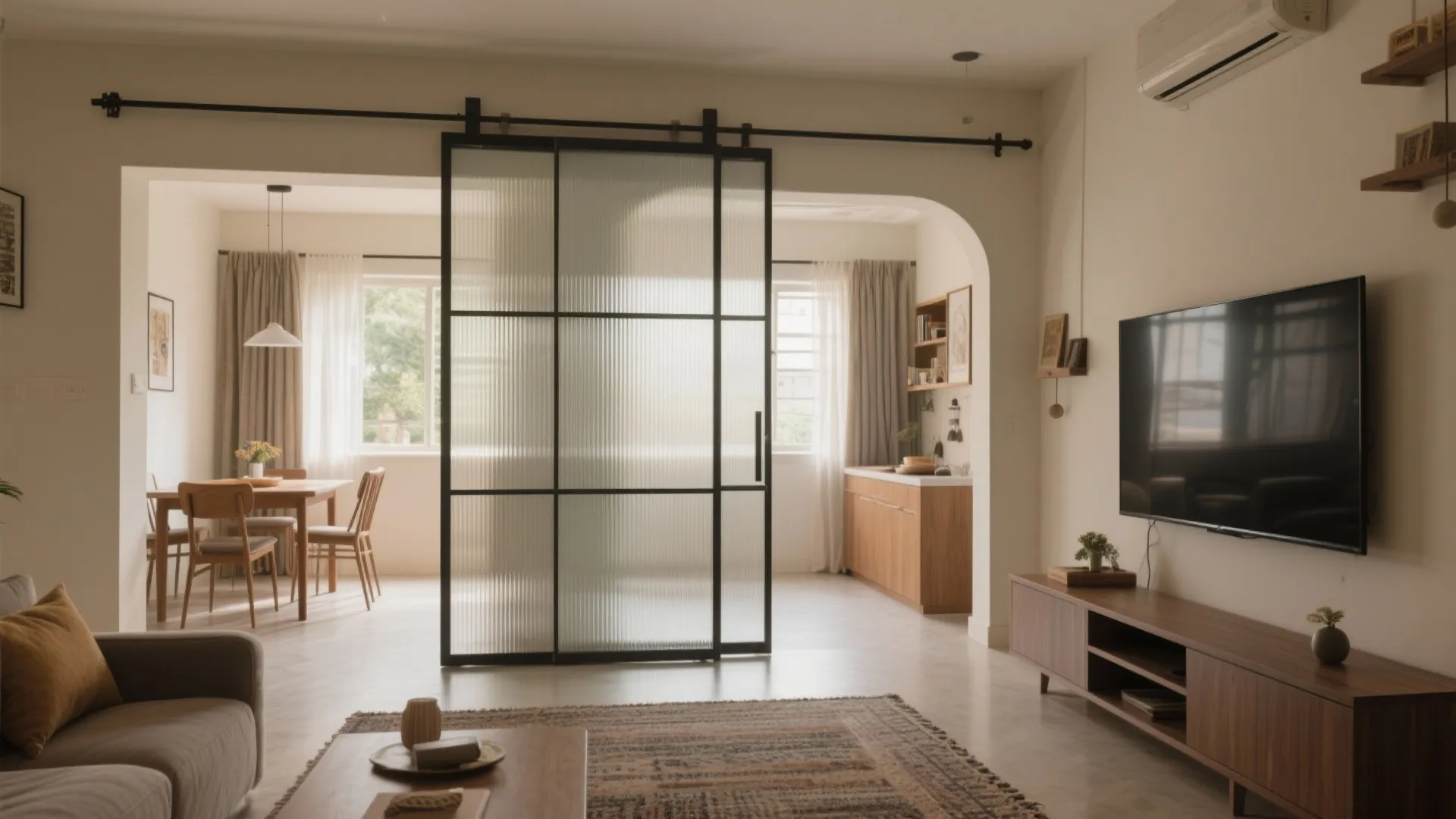 2) Living–dining with a sliding-glass divide